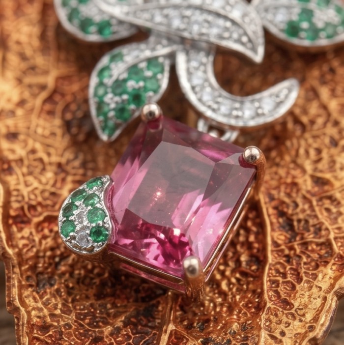Stylish REAL Leaf dipped in Rose Gold 4.5 carat Garnet .925 Sterling Silver Pendant - Stone close-up of rose gold-dipped leaf with garnet and gemstone accents