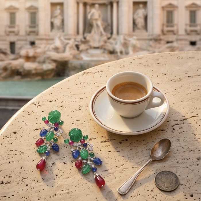 RARE BEAUTY! Valentina 28.2 carat CARVED Ruby Emerald Sapphire .925 Sterling Silver dipped in rhodium Statement handcrafted earrings - Elegant jewelry with carved stones next to espresso on a stone table.