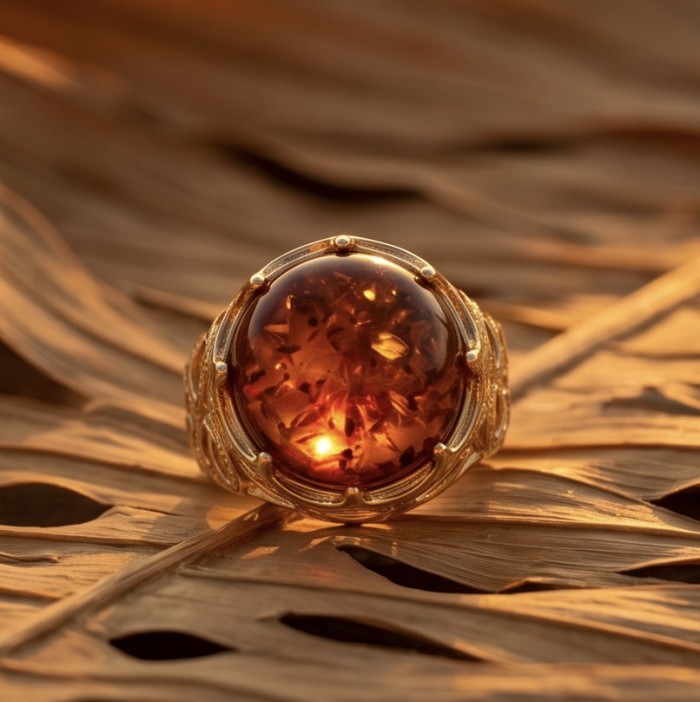 Queen of Fire best quality 6.4 carat BALTIC AMBER18K Gold over .925 Sterling Silver handmade ring 8 - Close-up of 6.4 carat Baltic amber ring in 18K gold setting