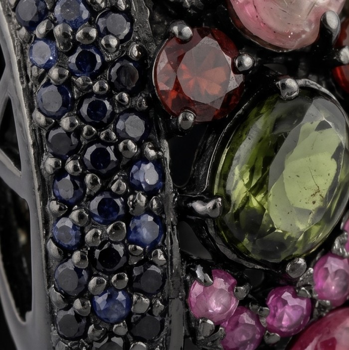 14.5 carat Brazilian Watermalon Tourmaline black rhodium over .925 Sterling Silver handmade Pendant - Stone close-up of colorful gemstone black rhodium ring.
