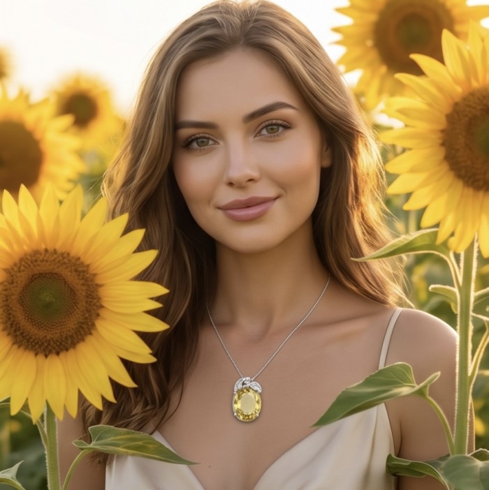 Golden Apple 24.5 carat Brazilian Citrine .925 Sterling Silver dipped in black Rhodium handmade Pendant - Woman wearing Golden Apple Citrine necklace in sunflower field.