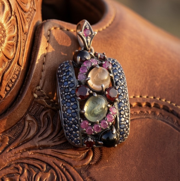 Stella 17.5 carat Brazilian Watermalon Tourmaline black rhodium over .925 Sterling Silver handmade Pendant - Close-up of Stella pendant with colorful stones on leather background.