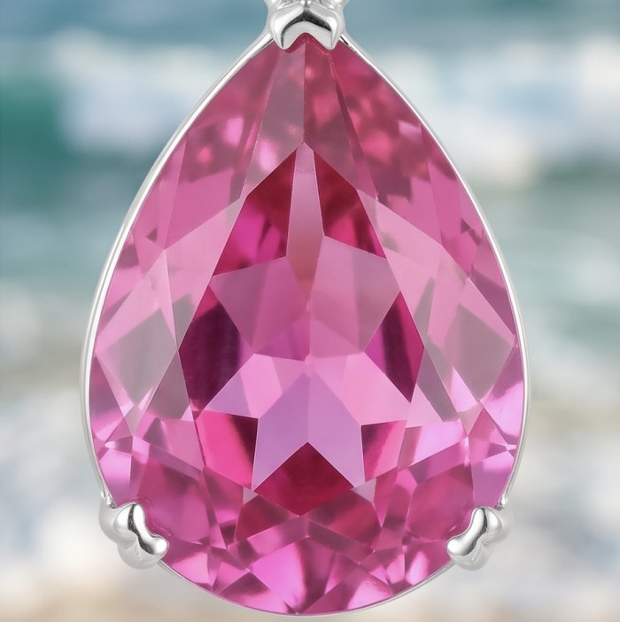 Incredible pear cut 17.8 carat Pink Sapphire .925 Sterling Silver handcrafted pendant - Close-up of pear cut 17.8 carat pink sapphire in .925 sterling setting