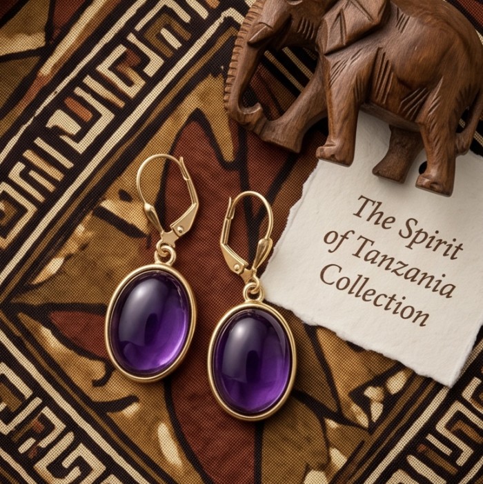 Lavender Beauty authentic 16.2 carat Amethyst 14K Gold over .925 Sterling Silver handcrafted earrings - Amethyst earrings, 14K gold, tribal cloth, wooden elephant, top view.