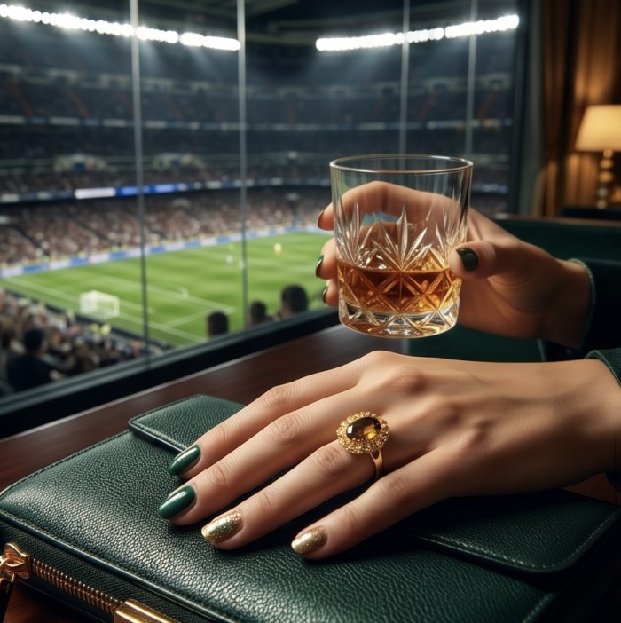 Serenity 18.5 carat genuine Smoky Topaz 18K Gold over .925 Sterling Silver HUGE Ring size 7 3/4 - Worn on hand with green clutch and stadium background.