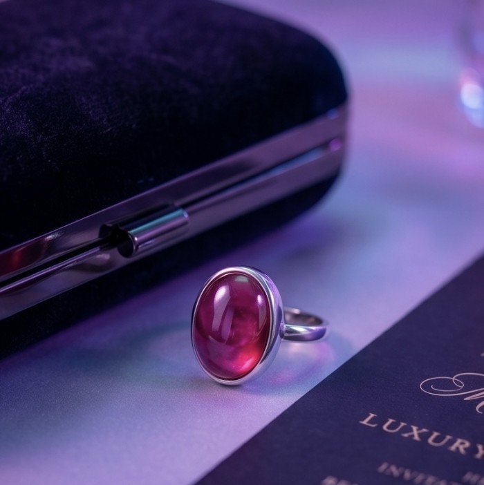 Bella Rosa Genuine 10.5 CARAT Star Ruby rhodium over .925 Sterling Silver Large Statement Ring size 10 - Close-up of Bella Rosa 10.5 carat star ruby ring on a table.