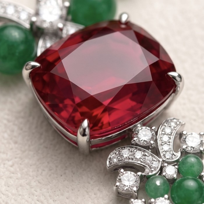 Francesca - Luxurious natural 159.8 carat Ruby Emerald .925 Sterling Silver handmade Statement necklace - Close-up of luxurious 159.8 carat ruby with emerald and diamond accents