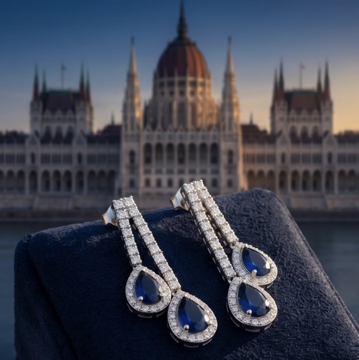 Blue Royalty 9.7 carat Sapphire .925 Sterling Silver handcrafted Statement earrings - Close-up of Blue Royalty sapphire earrings with silver and diamond accents