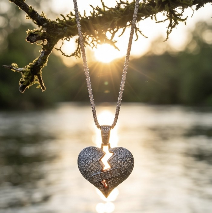 Healing Heart Luxurious 8.4 carat White Topaz .925 Sterling Silver handcrafted pendant - Heart-shaped pendant with bandage detail against sunlight backdrop.