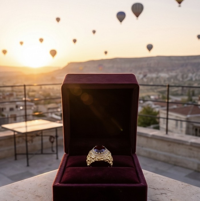 Empress of Love 24.6 ctw Mozambique Ruby .925 Sterling Silver dipped in 22K Gold handcrafted Statement Ring size 9 - Ruby ring in box with hot air balloons at sunrise backdrop.