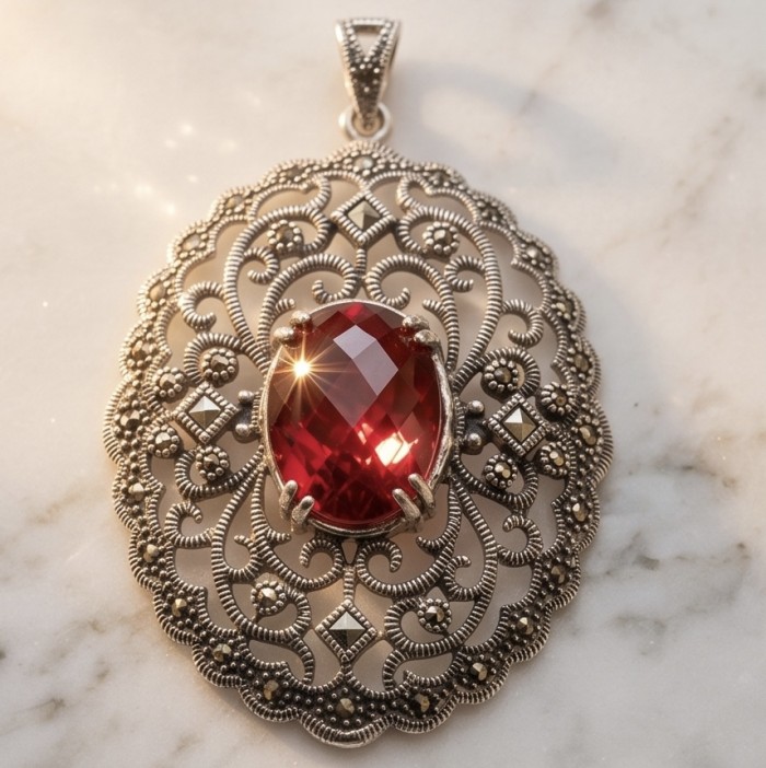 Retro Style - Precious - Genuine 14.5 carat Ruby .925 Sterling Silver handmade Pendant - Close-up of retro style pendant with 14.5 carat ruby and ornate silver design