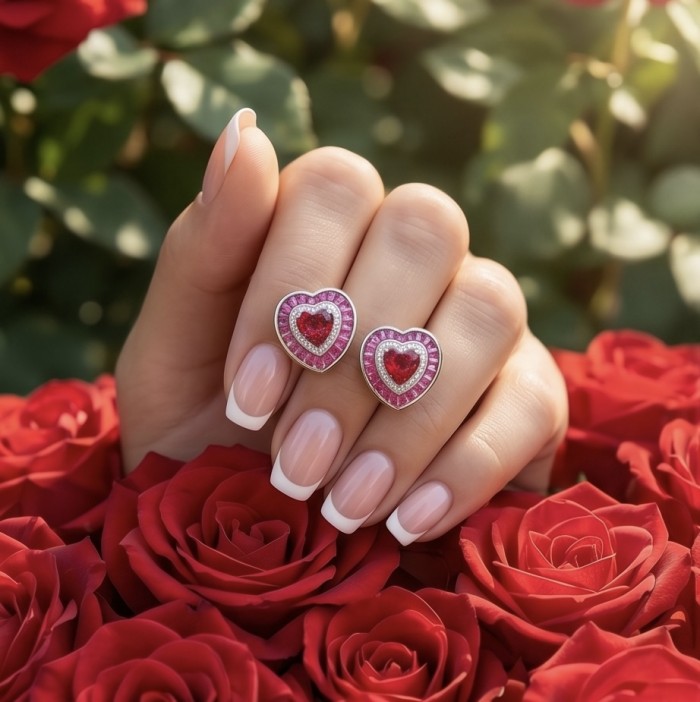 Art deco - My Sweet Heart Natural 2.8 carat Mozambique Ruby .925 Sterling Silver Handcrafted Earrings - Heart-shaped ruby earrings worn on hand with red roses background.
