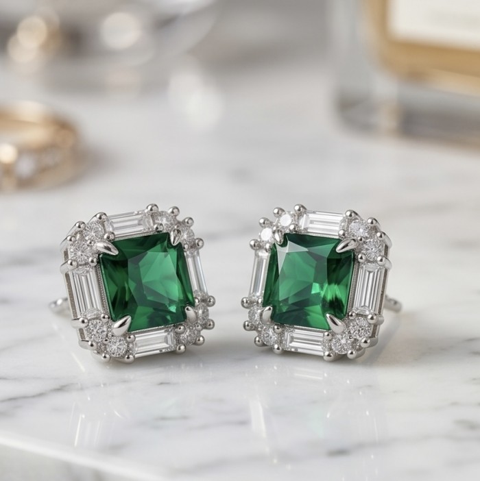 Art deco - assher cut 3.8 carat COLOMBIAN Emerald .925 Sterling Silver handmade Earrings - Close-up of art deco Asscher cut emerald earrings on marble surface