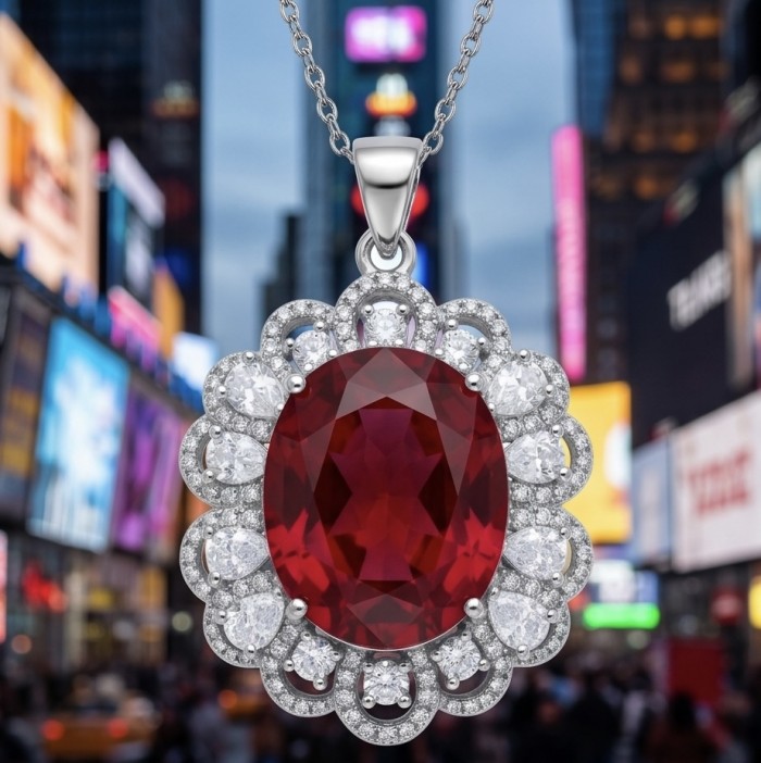 Passion 18.8 carat Mozambique Ruby .925 Sterling Silver handcrafted Statement pendant - Close-up of Passion 18.8 carat Mozambique Ruby pendant in city background.