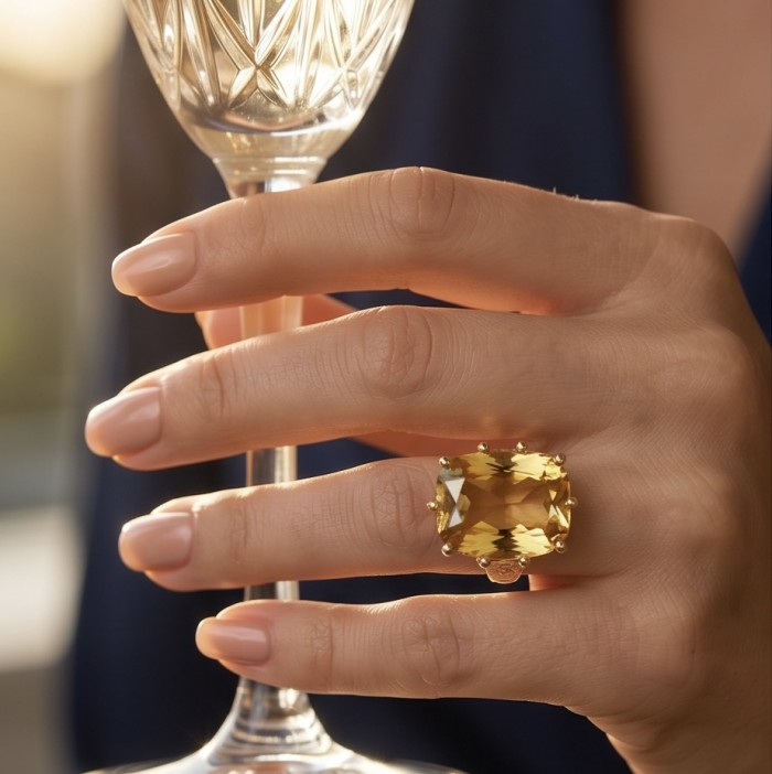 22.8 carat Genuine Heliodor 18K Gold over .925 Sterling Silver handcrafted ring size 10 - Heliodor ring on hand holding crystal glass, close-up view