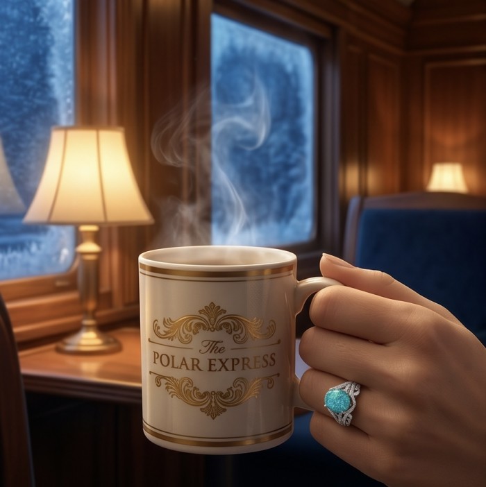 Oceania 14.5 carat Paraiba Tourmaline .925 Sterling Silver Handcrafted Ring size 9 - Ring worn on hand, holding a mug in a cozy train setting