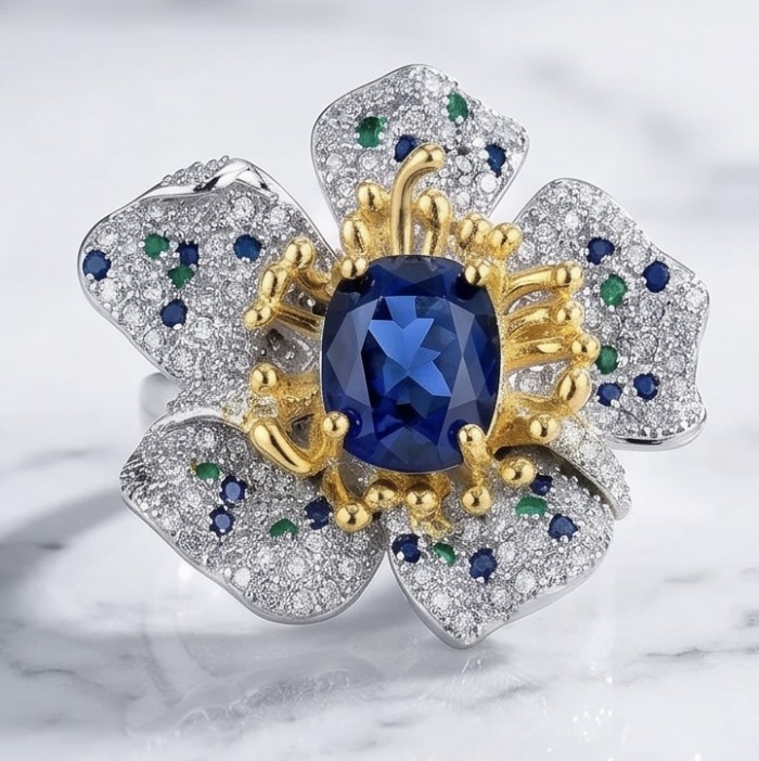 Luxurious exotic Flower 3.7 carat Sapphire Emerald 2 tones .925 Sterling Silver handcrafted Ring size 7 1/4 - Flower-shaped ring with sapphire center, gem-studded petals, close-up view.