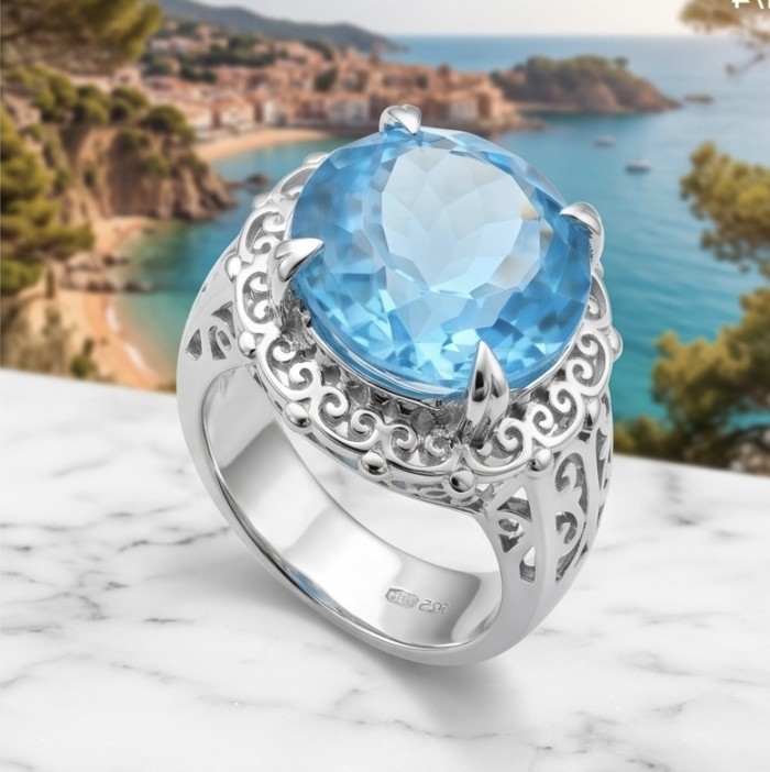 Poseidon 18.8 carat Swiss Blue Topaz .925 Sterling Silver dipped in rhodium handcrafted Large ring size 8 1/4 - Swiss Blue Topaz ring in sterling silver, stone close-up angle.