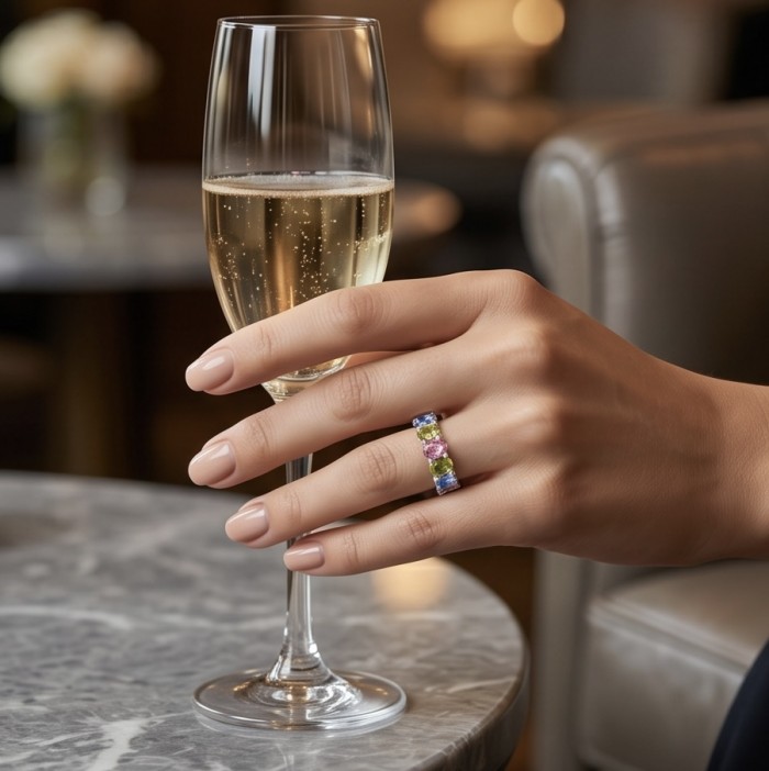 My own Rainbow - authentic 12.7 carat multigem .925 Sterling Silver Eternity Ring size 7 1/4 - Rainbow multigem ring worn on hand holding a champagne flute.