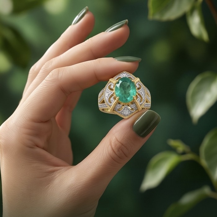 Victorian Style Beauty - Authentic 7.4 carat COLOMBIAN EMERALD .925 Sterling Silver dipped in 18K Gold handcrafted Statement Ring size 7 - Close-up of Colombian emerald ring held between fingers.