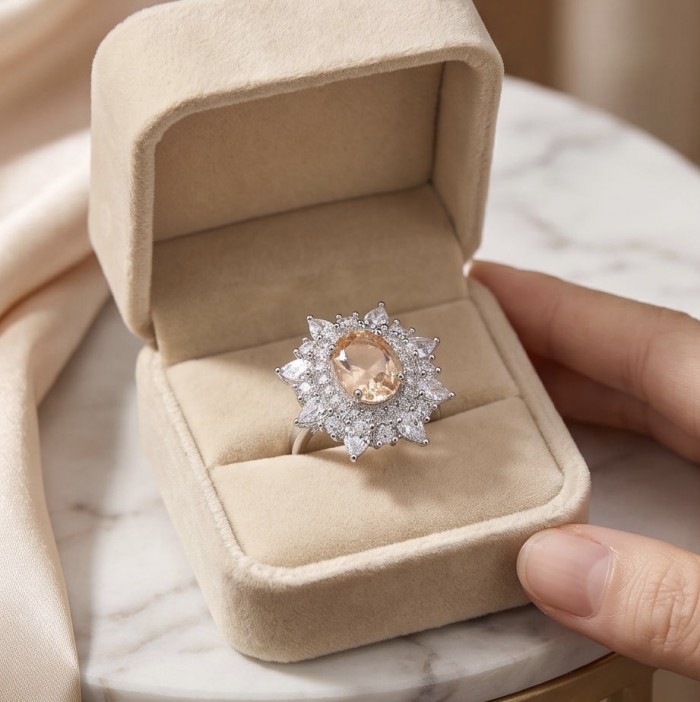 Isabella Authentic emerald cut 4.8 carat Morganite .925 Sterling Silver ring s. 6 - Morganite ring in velvet box, top view with fingers holding the lid.