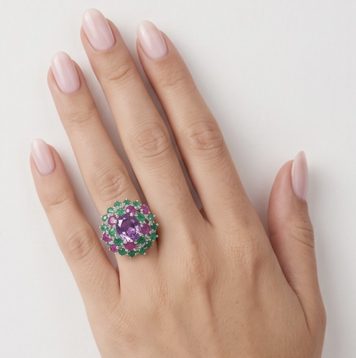 Francesca Genuine 7.7 carat Brazilian Amethyst rhodium over .925 Sterling Silver handcrafted Statement Ring size 9 - Amethyst ring with green accents worn on hand, top view.