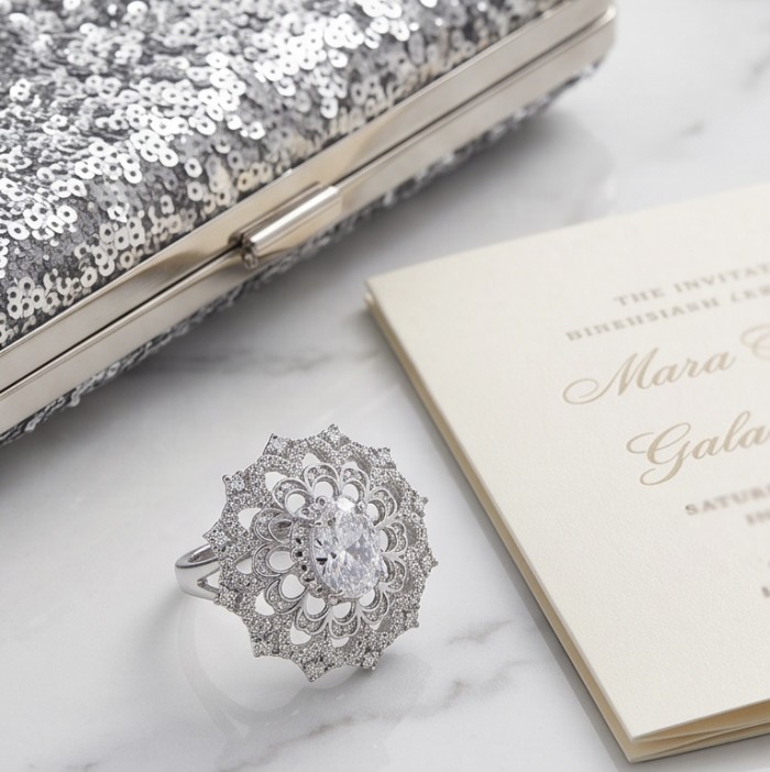 Luxurious - 6.2 carat White Topaz Sterling Silver handcrafted ring size 7 1/4 - Luxurious ring with intricate design, side view with invitation and clutch.