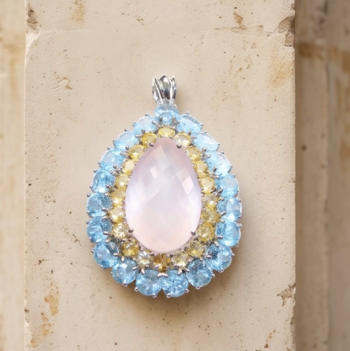 Scarlett 55.8 carat Brazilian Rose Quartz rhodium over .925 Sterling Silver handcrafted Statement Pendant - Teardrop pendant with rose quartz, top view, Scarlett 55.8 carat