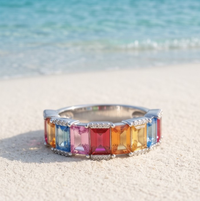 My own Rainbow - authentic 8.7 carat Topaz .925 Sterling Silver Ring size 6 - Rainbow Topaz ring on sand with ocean in background, elevated view