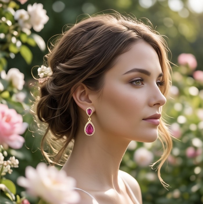 Giovanna - Magnificent Jewel 4.8 carat Mozambique Ruby 22K Gold over .925 Sterling Silver handcrafted incredible earrings - Side view of Giovanna earrings with 4.8 carat Mozambique Ruby in 22K gold