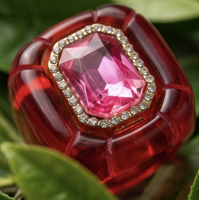 Candy Store - Modern Design Natural Red Raisin Pink Topaz .925 Sterling Silver ring size 8 - Close-up of Candy Store ring with pink topaz and diamonds.