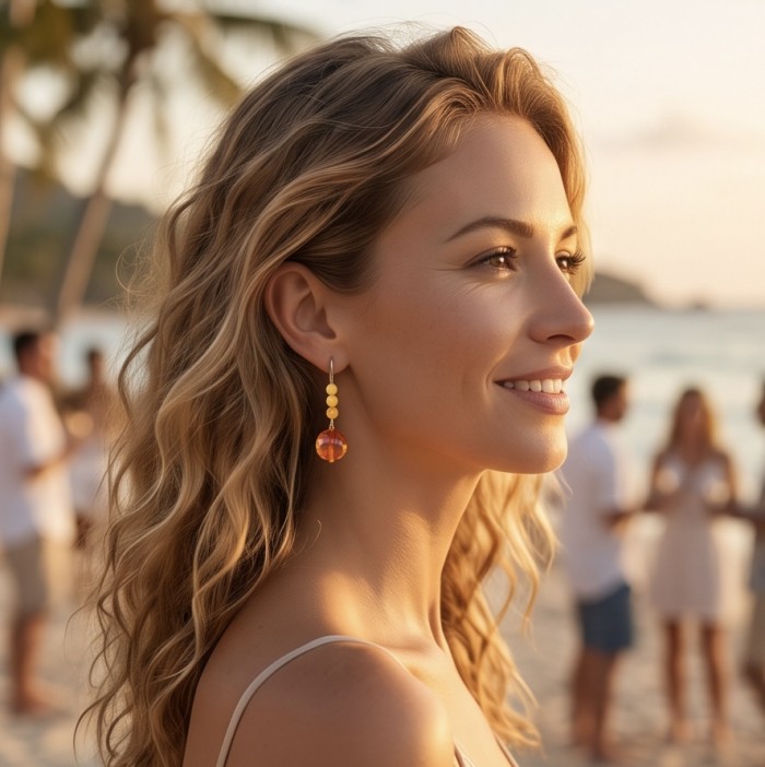Very Special product - Wonderful natural Buttescotch Baltic Amber .925 Sterling Silver entirely handcrafted earrings - Side view of woman wearing Buttescotch Bal earrings on beach.
