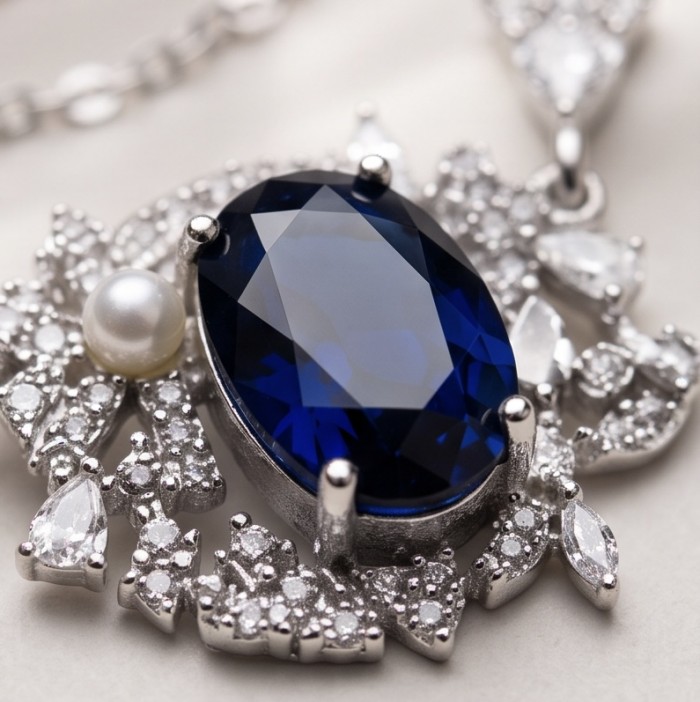 Vintage style - Giovanna - oval pear cut 6.8 carat Sapphire .925 Sterling Silver handcrafted Statement Necklace - Close-up of vintage style sapphire pendant with pearl and diamonds.