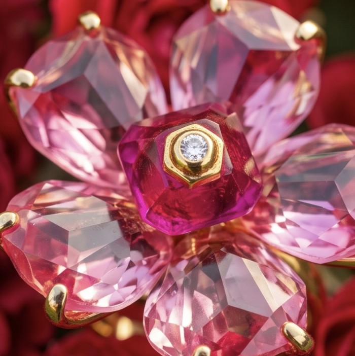 Cherry Blossom 27.5 carat Pink Amethyst 14K Gold over .925 Silver handcrafted Cocktail Ring s. 7 - Close-up of Cherry Blossom jewelry with pink amethyst and gold accents.