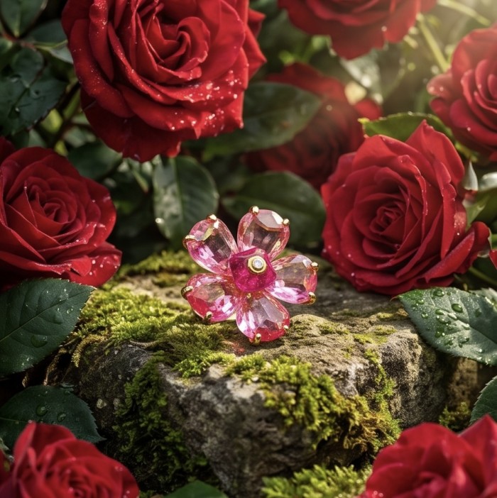 Cherry Blossom 27.5 carat Pink Amethyst 14K Gold over .925 Silver handcrafted Cocktail Ring s. 7 - Pink amethyst ring on mossy rock surrounded by red roses, top view.