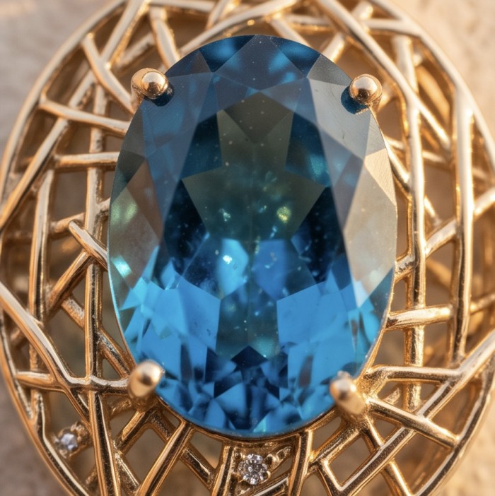 Blue Island - 8.2 carat London Blue Topaz 18K Gold over .925 Sterling Silver handmade Pendant - Stone close-up of 8.2 carat London Blue Topaz in 18K gold setting.