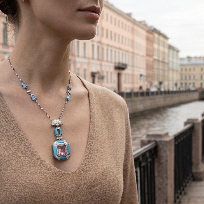 Emily - Art Deco - Precious genuine 8.4 carat Kunzite inlay Turquoise .925 Sterling Silver handcrafted necklace - Woman wearing Art Deco necklace with 8.4 carat Kunzite, outdoor setting.