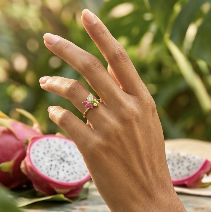 Juicy Gems 5.8 carat Multigem 18K Gold over .925 Sterling Silver Handcrafted Ring size 9 - Ring worn on hand with dragon fruit background, 18K gold multigem.