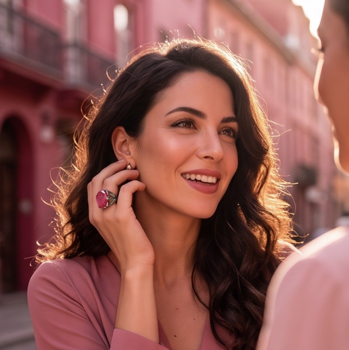 Bella Rosa Genuine 17.5 CARAT Star Ruby 14K Gold over .925 Sterling Silver Large Statement Ring size 8 - Woman wearing Bella Rosa 17.5 CARAT Star Ruby ring, smiling profile view.