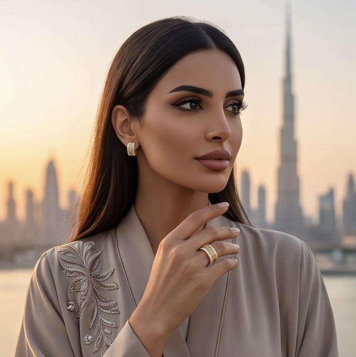 Dubai Style - signet ring - .925 Sterling Silver dipped in 22K Gold handmade Large ring size 6 - Model wearing Dubai Style ring in sunset cityscape setting.