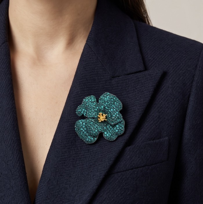 Retro Style - Precious Rose Genuine 24.2 carat Colombian Emerald black rhodium over .925 Sterling Silver handmade Pendant - Brooch - Brooch on lapel, close-up view of Retro Style Precious Rose brooch.