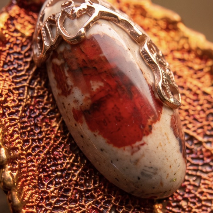 Stylish REAL Leaf dipped in copper Mexican Opal .925 Sterling Silver and Copper Pendant - Close-up of copper-dipped leaf with Mexican opal stone detailing