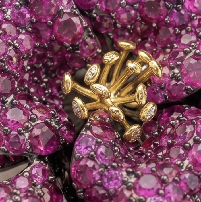 Black Label Collection - Retro Style - Rose Genuine 40.5 carat Ruby 2 tones .925 Sterling Silver dipped in black rhodium handmade Pendant - Brooch - Close-up of rose jewelry with pink stones and gold accents.