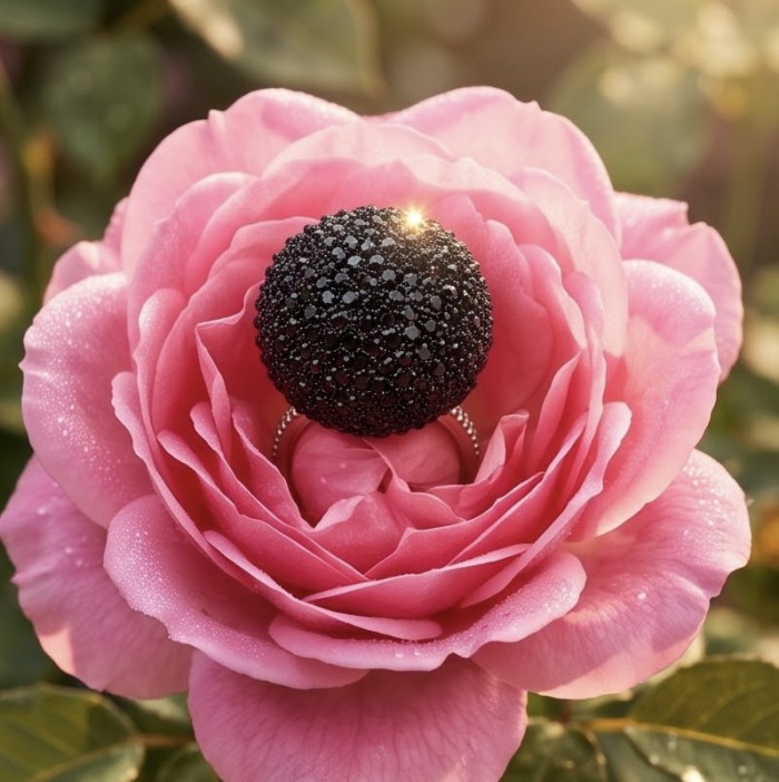 Modern Concept dark blue pave 8.2 carat Sapphire Sphere .925 Sterling Silver ring s. 5 1/4 - Dark blue sapphire sphere ring on pink rose, top view close-up.