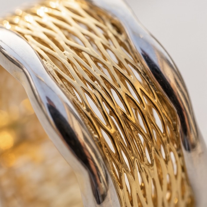 GOLDEN ROSE - Dubai Style - .925 Sterling Silver dipped in 22K Gold handmade ring size 8 - Close-up of intricate gold weave design on sterling silver jewelry