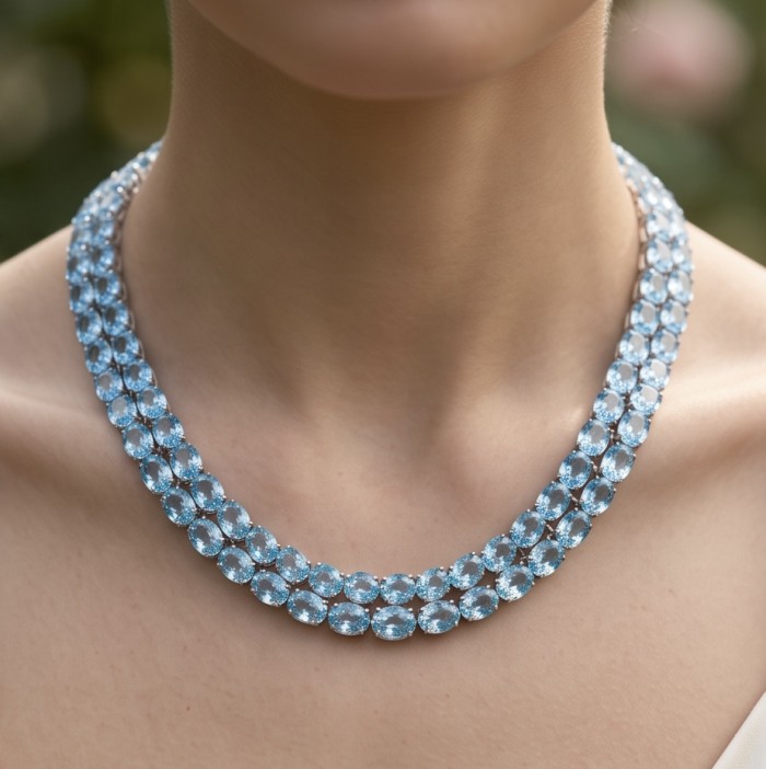 Serenity 205.5 carat genuine Swiss Blue Topaz .925 Sterling Silver handmade Large Statement Necklace; 70.95 grams - Neck view of Serenity Blue Topaz necklace, 205.5 carat, on model.