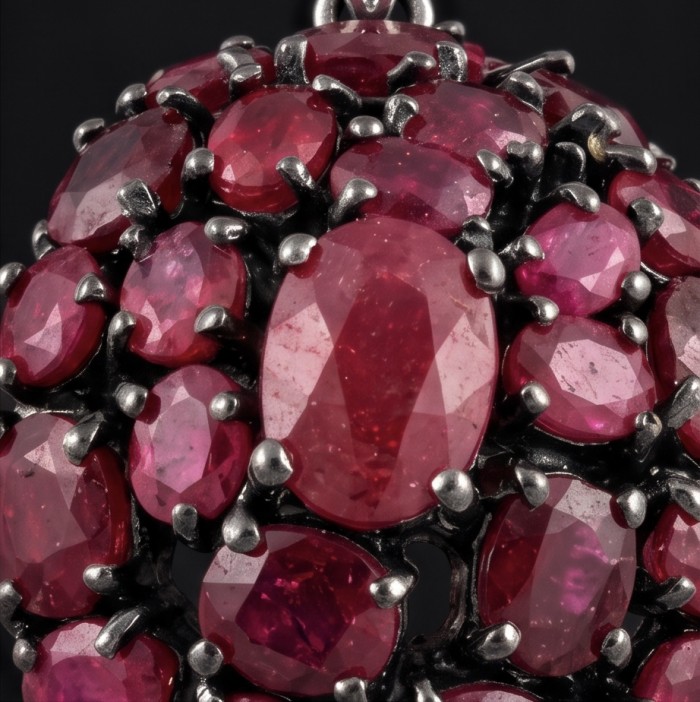 Giovanna 24.2 carat authentic Mozambique Ruby Marcasite black rhodium over .925 Sterling Silver handmade Pendant - Close-up of Mozambique ruby cluster on a silver setting