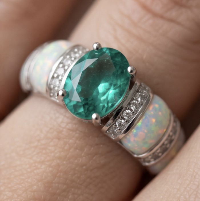 Wonderland 3.1 carat Paraiba Tourmaline .925 Sterling Silver Handcrafted Ring size 7 3/4 - Worn on hand, close-up of Paraiba Tourmaline silver ring with opals.