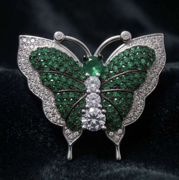 Precious Butterfly Genuine 10.5 carat pave Colombian Emerald .925 Sterling Silver handmade Statement Ring size 7 1/2 - Butterfly brooch with emeralds and diamonds, front view close-up.