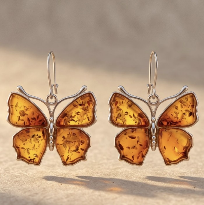 Golden Butterflies carved Baltic Polish Amber .925 Sterling Silver earrings - Butterfly amber earrings front view on neutral background